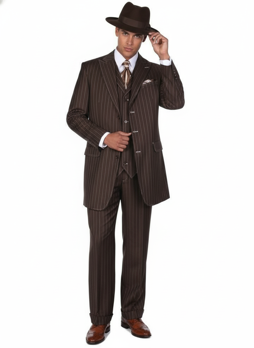 Menâ€™s Brown Pinstripe 3-Piece Suit â€“ Classic Wide Lapel Zoot Suit Classic Fit Pleated Pants - 34 Short