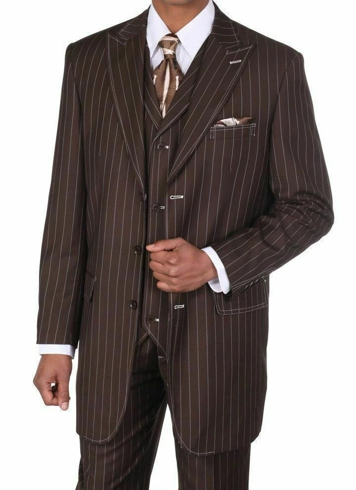 Men’s Brown Pinstripe 3-Piece Suit – Classic Wide Lapel Zoot Suit Classic Fit Pleated Pants - 34 Short