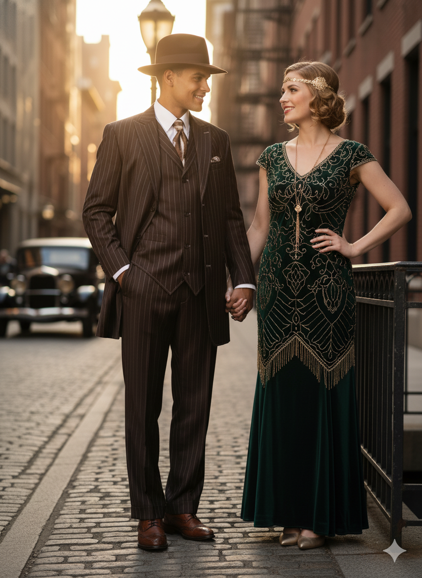 Menâ€™s Brown Pinstripe 3-Piece Suit â€“ Classic Wide Lapel Zoot Suit Classic Fit Pleated Pants - 34 Short