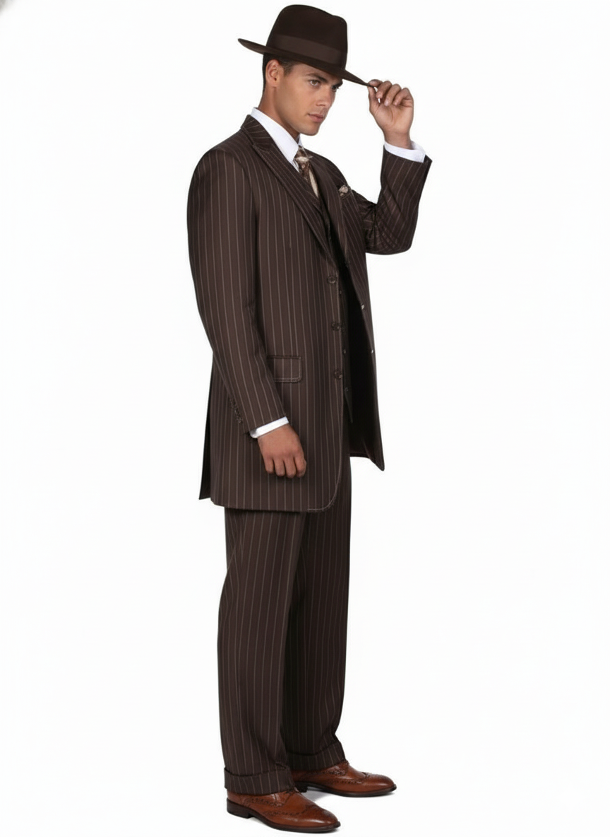 Men’s Brown Pinstripe 3-Piece Suit – Classic Wide Lapel Zoot Suit Classic Fit Pleated Pants - 34 Short