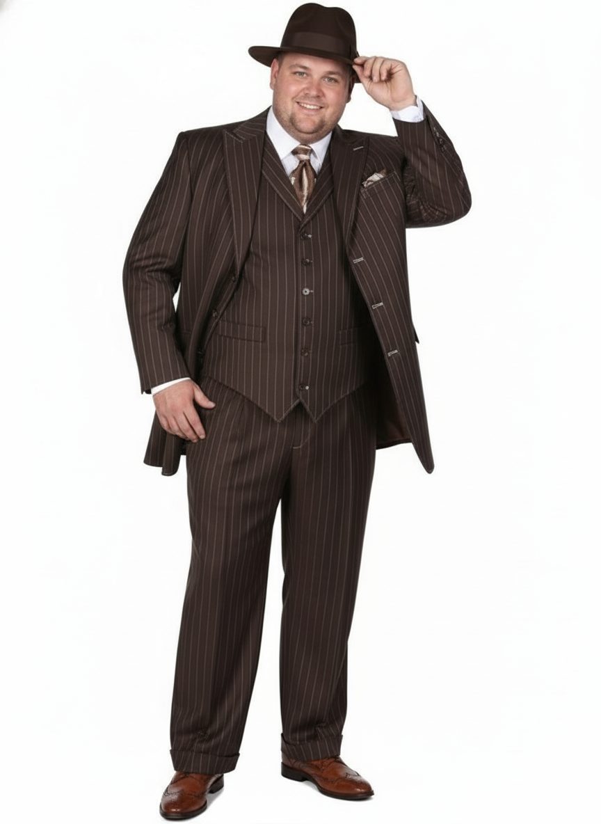Menâ€™s Brown Pinstripe 3-Piece Suit â€“ Classic Wide Lapel Zoot Suit Classic Fit Pleated Pants - 34 Short