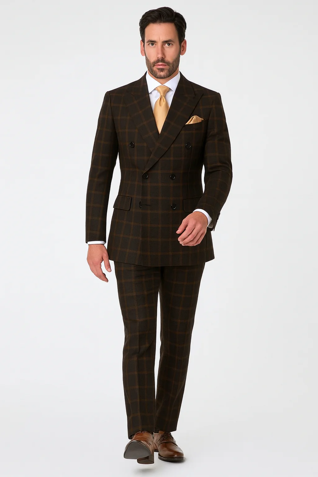 Men's Brown Plaid Double-Breasted Wool Suits Classic Windowpane Two-Piece Formal Suits By Rossiman - 34 Short or Extra Small