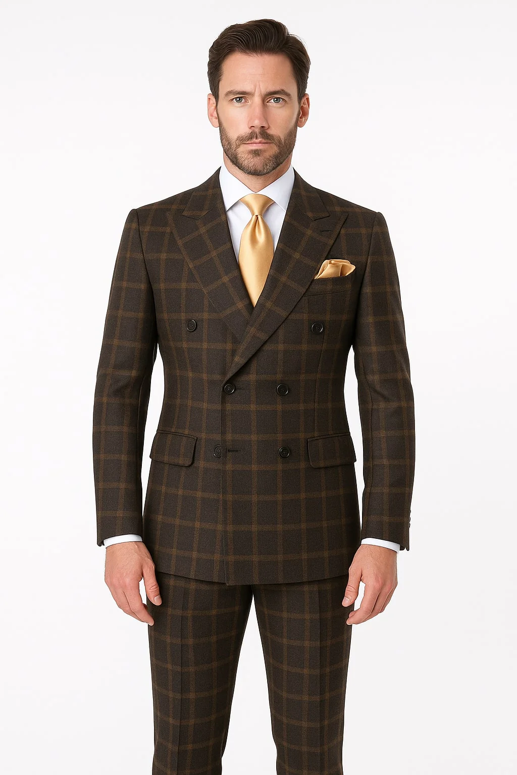 Men's Brown Plaid Double-Breasted Wool Suits Classic Windowpane Two-Piece Formal Suits By Rossiman - 34 Short or Extra Small