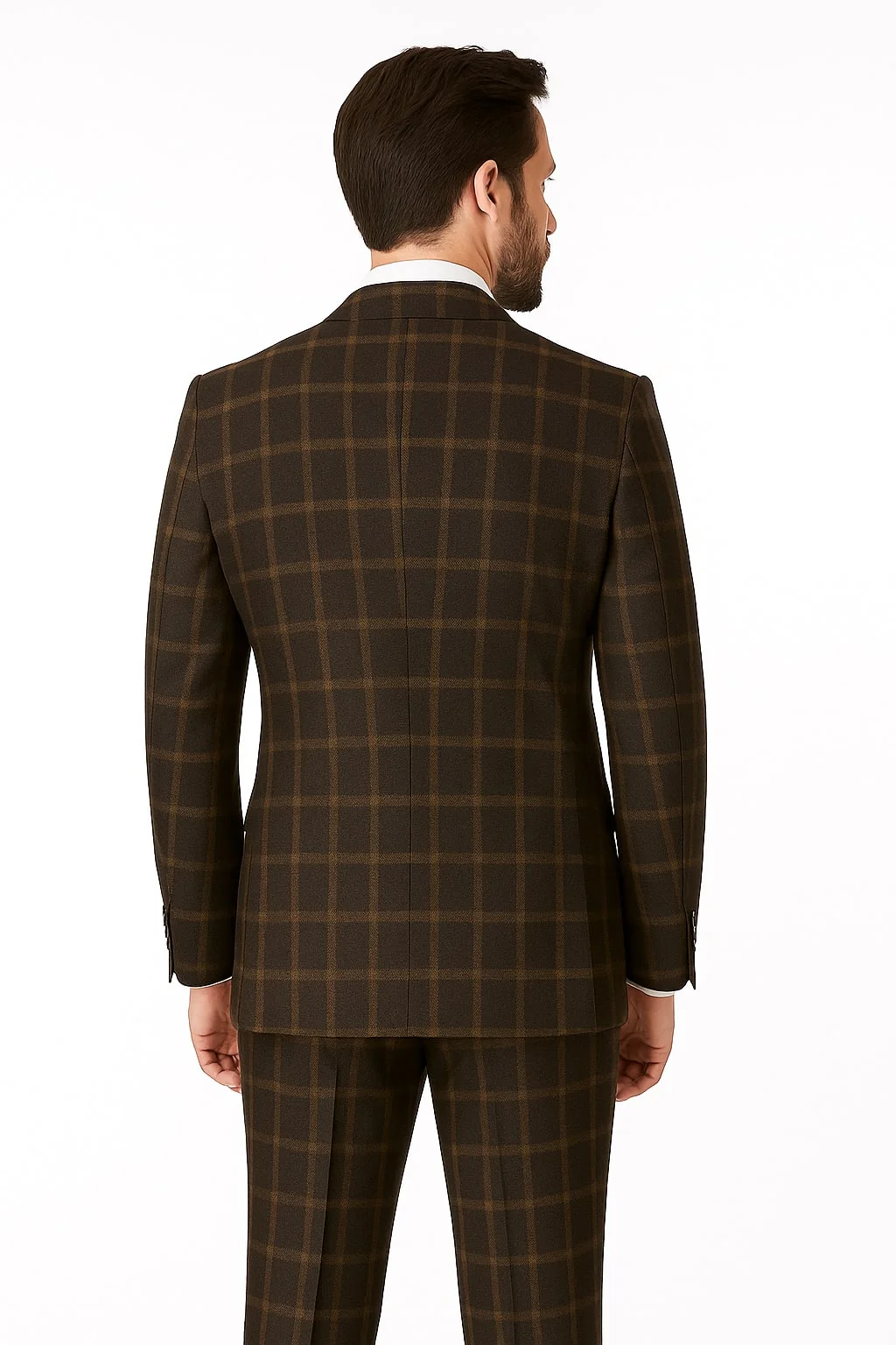 Men's Brown Plaid Double-Breasted Wool Suits – Classic Windowpane Two-Piece Formal Suits By Rossiman - 34 Short or Extra Small