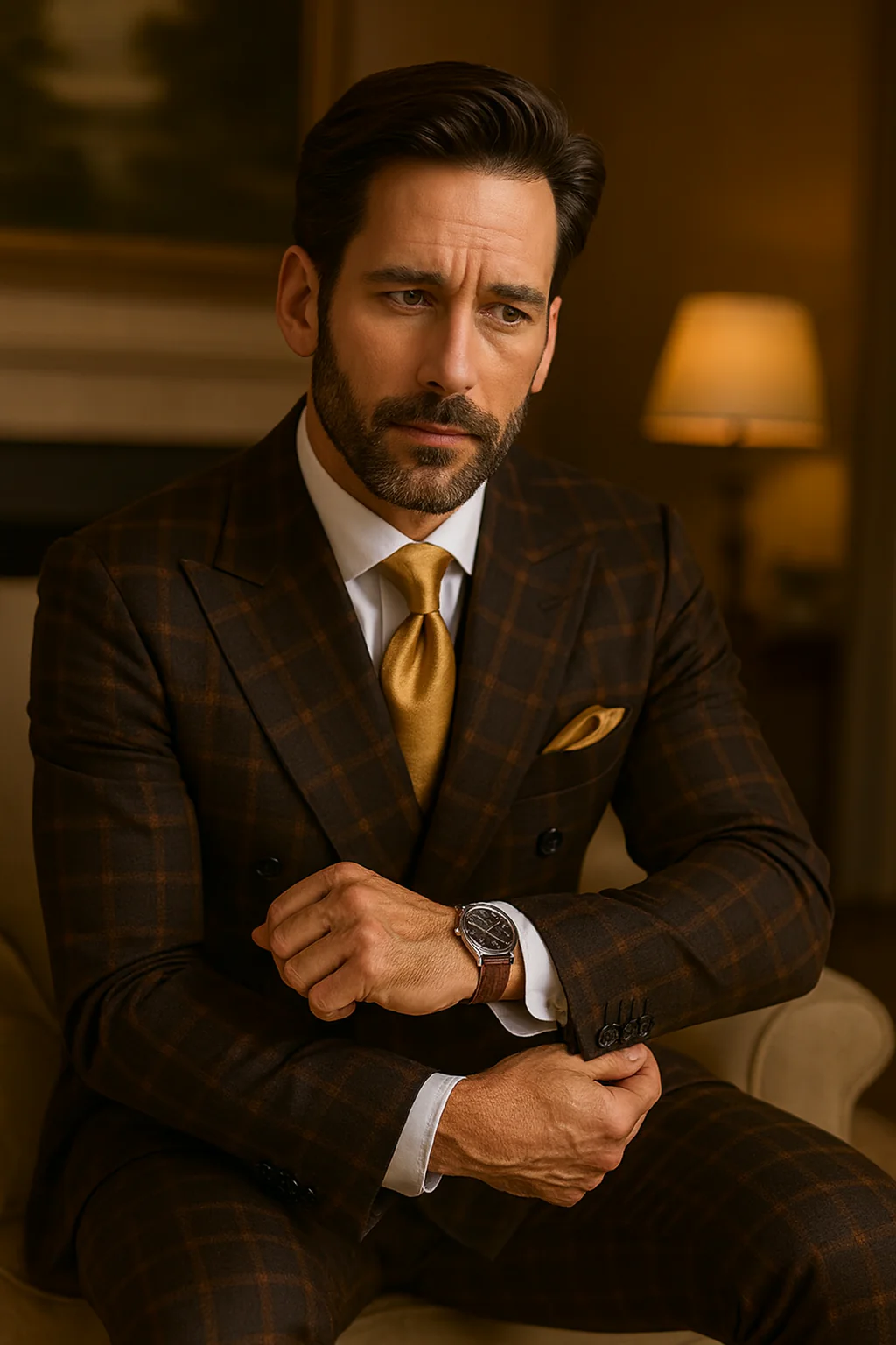 Men's Brown Plaid Double-Breasted Wool Suits – Classic Windowpane Two-Piece Formal Suits By Rossiman - 34 Short or Extra Small