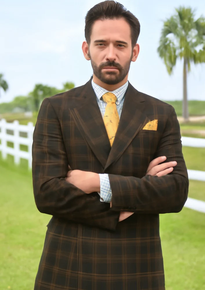 Men's Brown Plaid Double-Breasted Wool Suits Classic Windowpane Two-Piece Formal Suits By Rossiman - 34 Short or Extra Small