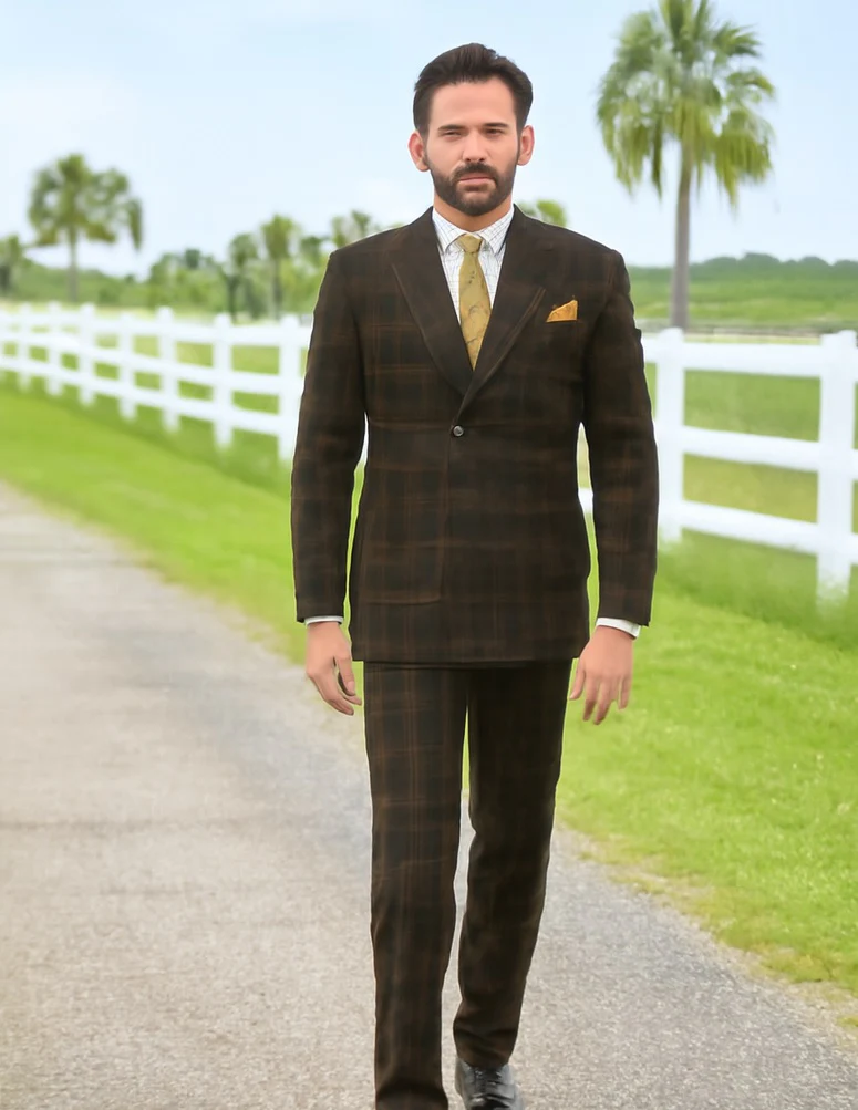 Men's Brown Plaid Double-Breasted Wool Suits Classic Windowpane Two-Piece Formal Suits By Rossiman - 34 Short or Extra Small