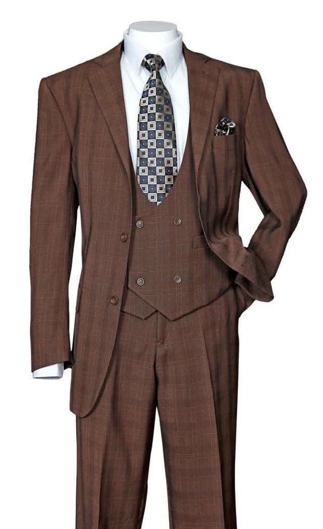 Brown Suit - Men's Brown Plaid 3 Piece 1920sScoop Vest Milano Fashion Suit