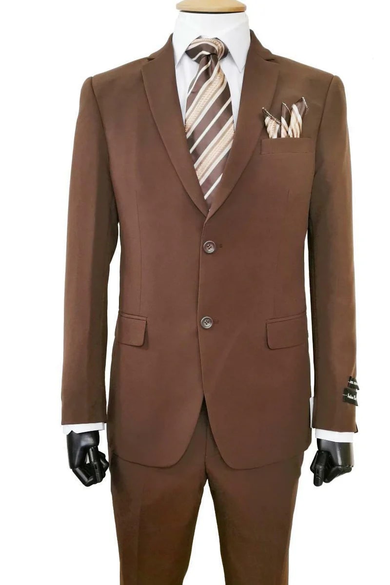 Cheap Priced Suit- Mens 2 Button Slim Fit Poplin Basic Notch lapel Brown Suit - Coat Size 38