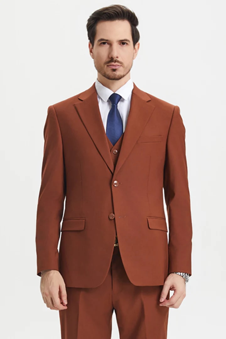 Cheap Suit - Men's Two Button Vested Stacy Adams Basic Designer Sharkskin Brown Rust Suit