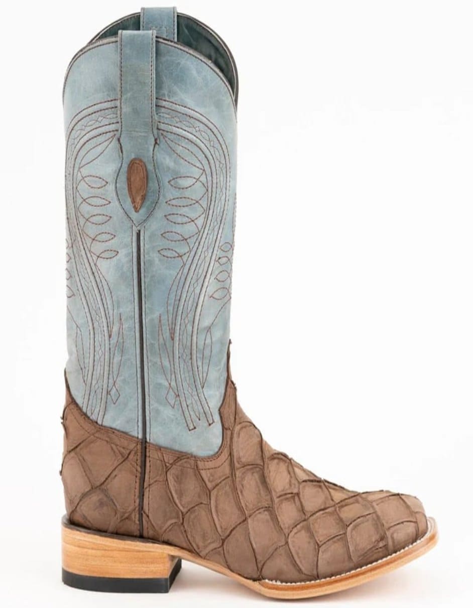 Ferrini Bronco Men's Print Pirarucu Fish Square Toe Boots Handcrafted Brown - 8D