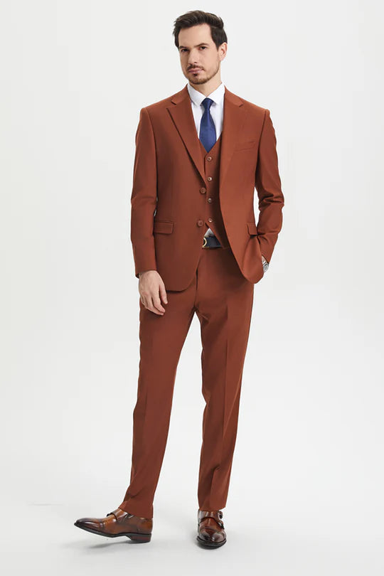 Men’s Orangish Rust Brown Three-Piece Suit –   Slim Fit Jacket, Vest and Tailored Pants in Brick Color - 34 Short