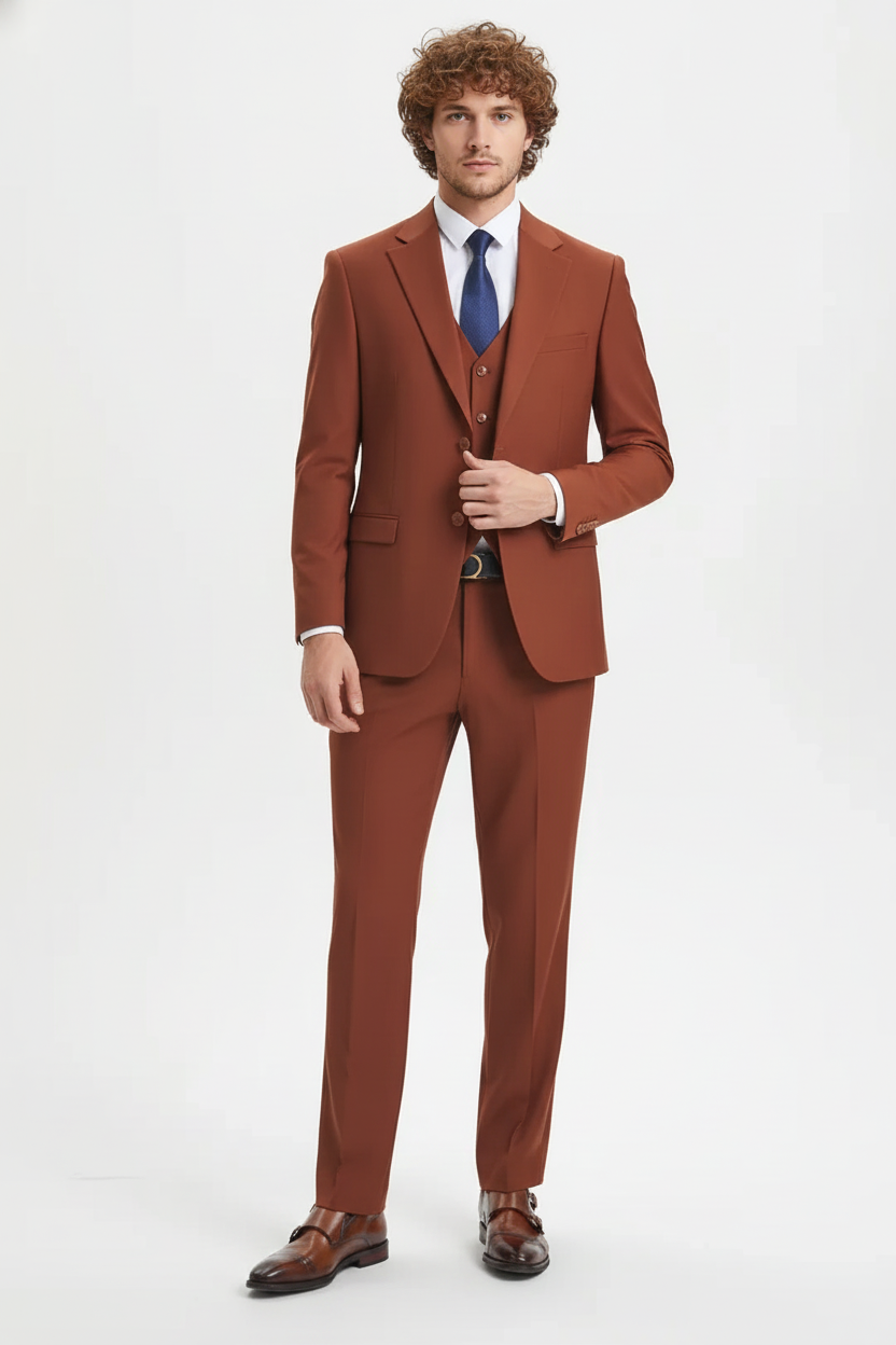 Mens Orangish Rust Brown Three-Piece Suit Slim Fit Jacket, Vest and Tailored Pants in Brick Color - 34 Short