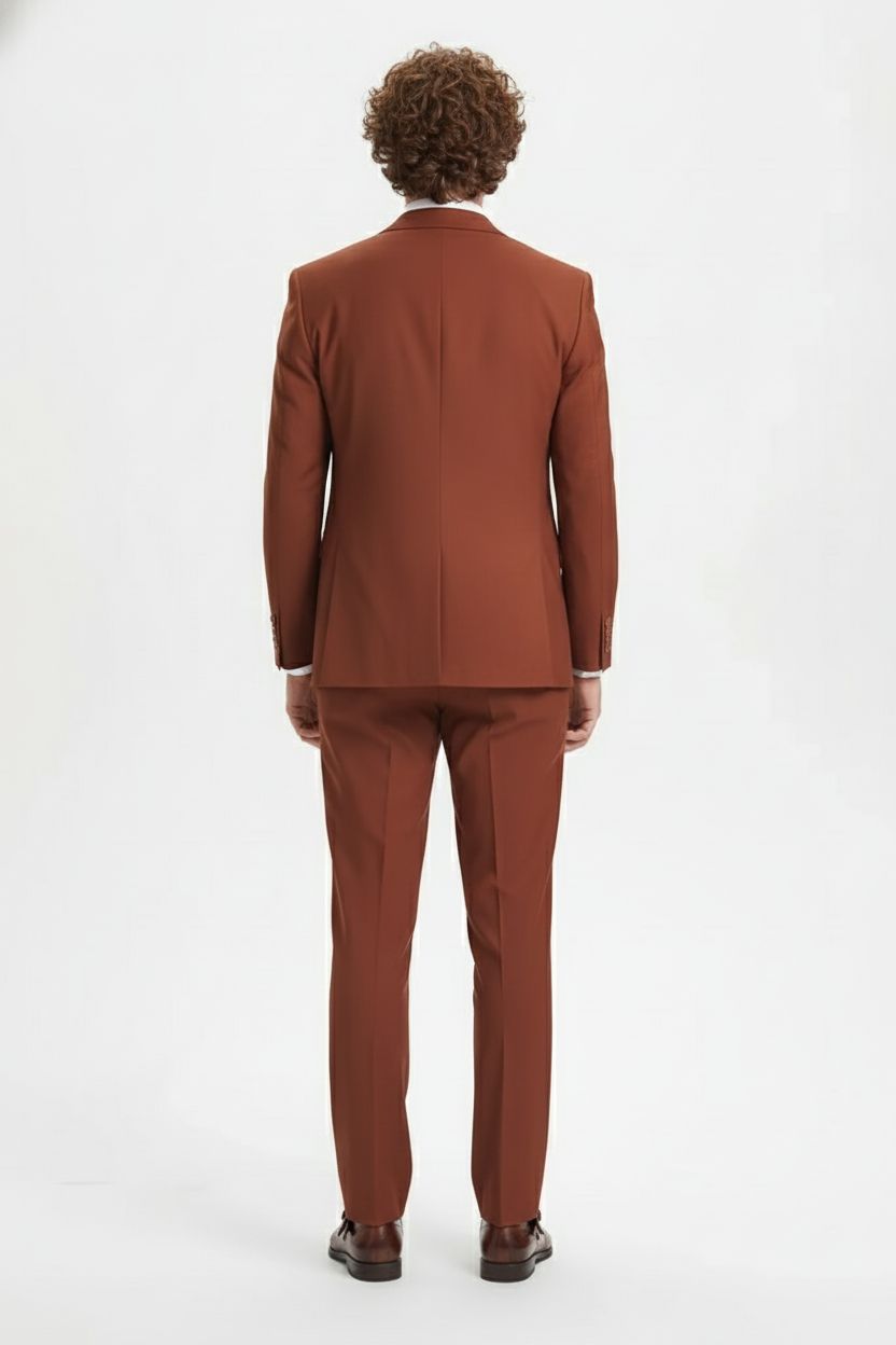 Mens Orangish Rust Brown Three-Piece Suit Slim Fit Jacket, Vest and Tailored Pants in Brick Color - 34 Short