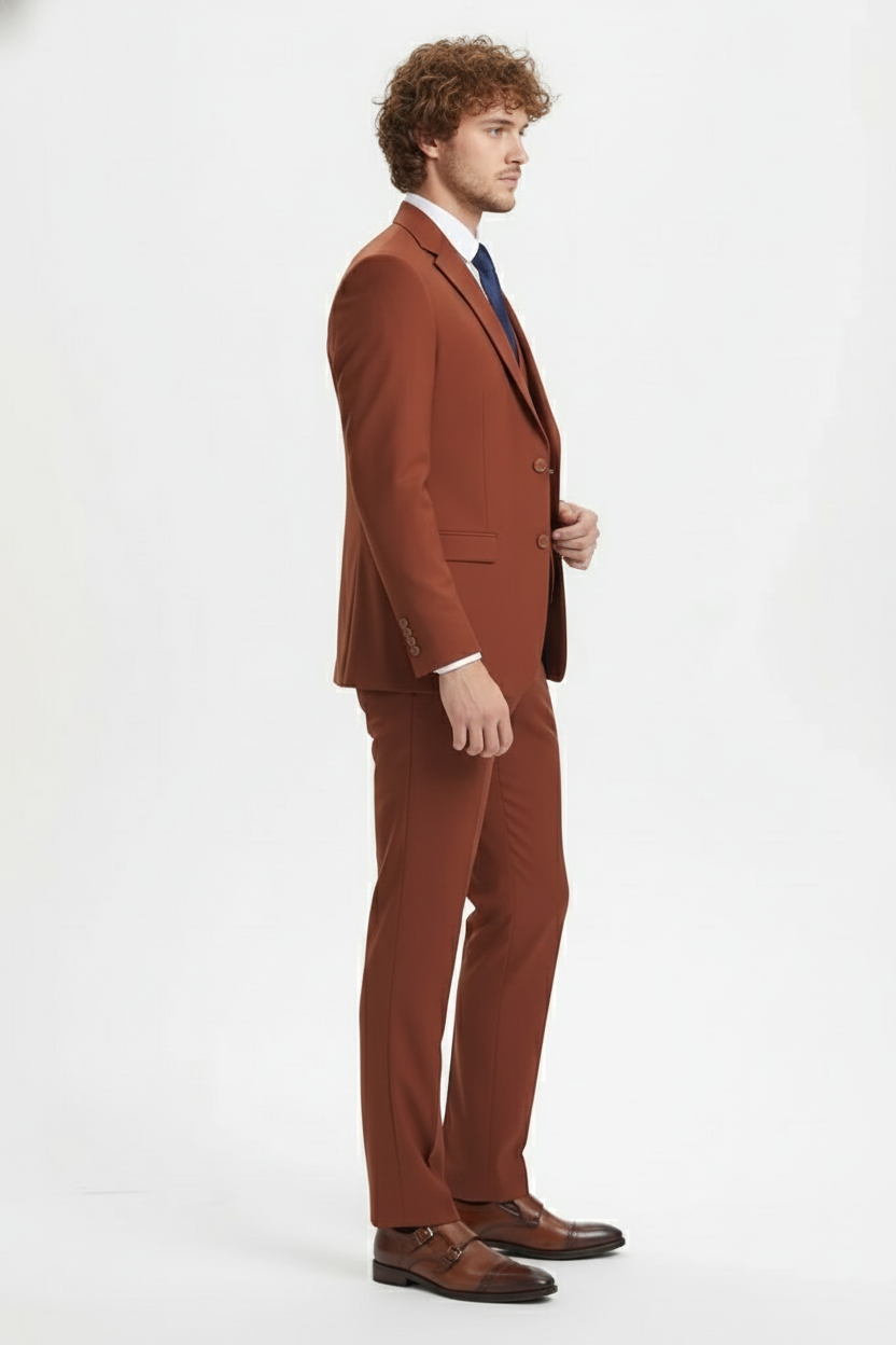 Mens Orangish Rust Brown Three-Piece Suit Slim Fit Jacket, Vest and Tailored Pants in Brick Color - 34 Short