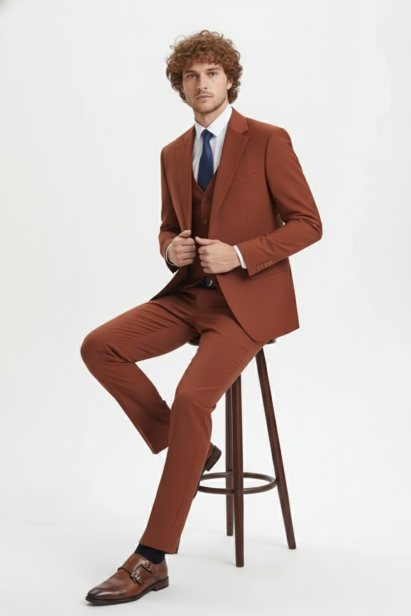 Mens Orangish Rust Brown Three-Piece Suit Slim Fit Jacket, Vest and Tailored Pants in Brick Color - 34 Short