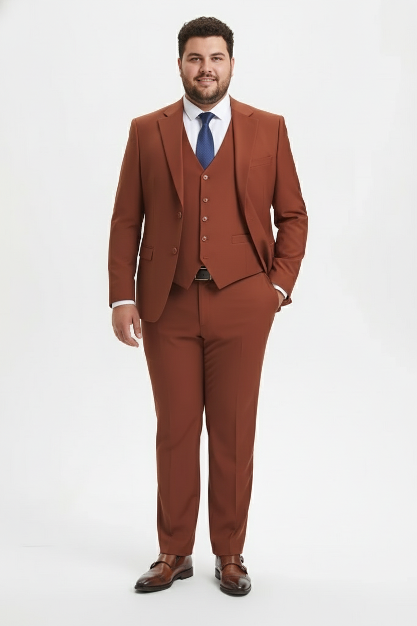 Mens Orangish Rust Brown Three-Piece Suit Slim Fit Jacket, Vest and Tailored Pants in Brick Color - 34 Short