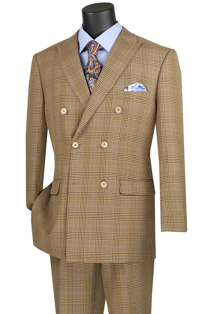 Cheap Suit - Mens Double Breasted Windowpane Plaid Brown Suit