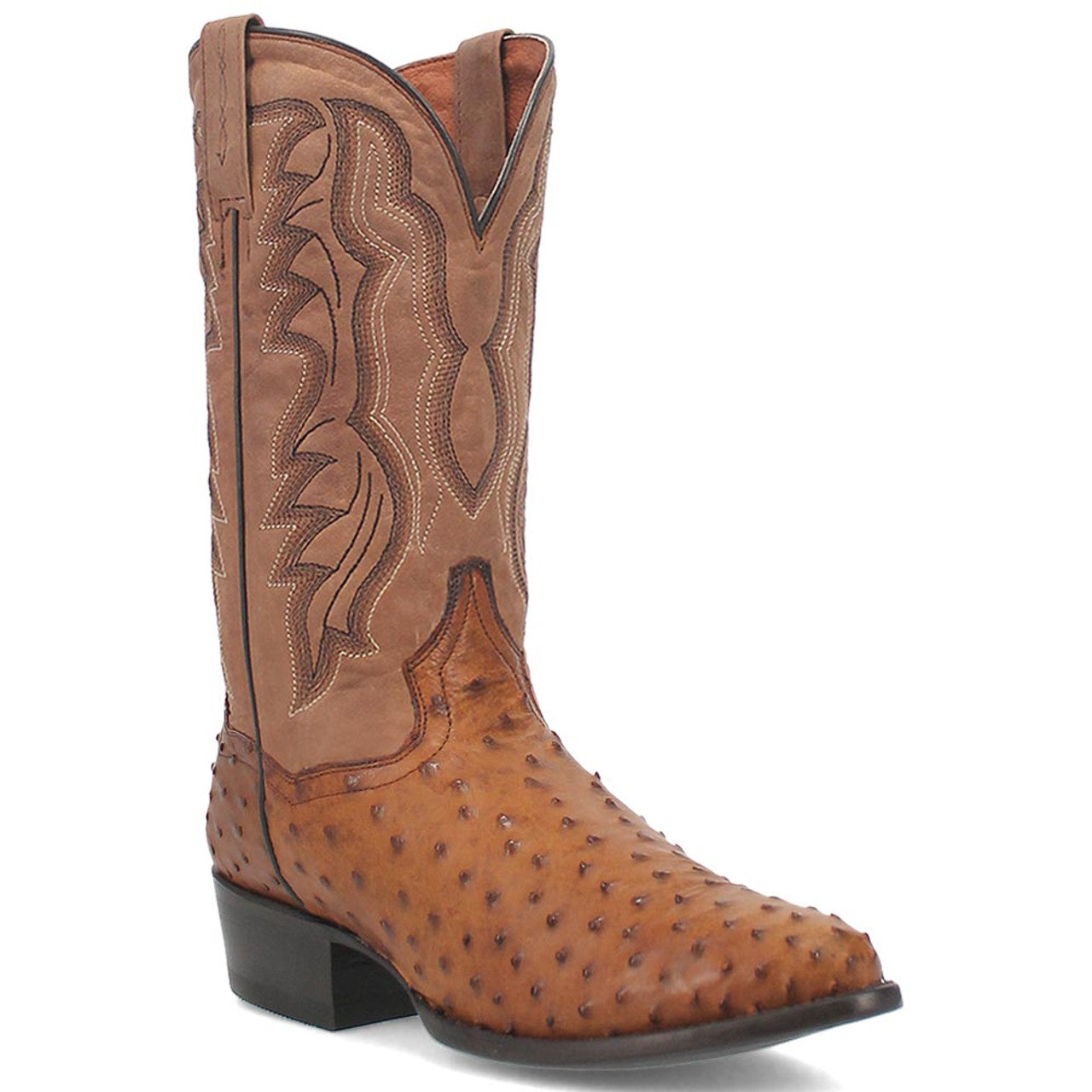 Dan Post Men’s Saddle Brown and Chocolate Tempe Full Quill Ostrich 12” Round Toe Leather Boot - 7D