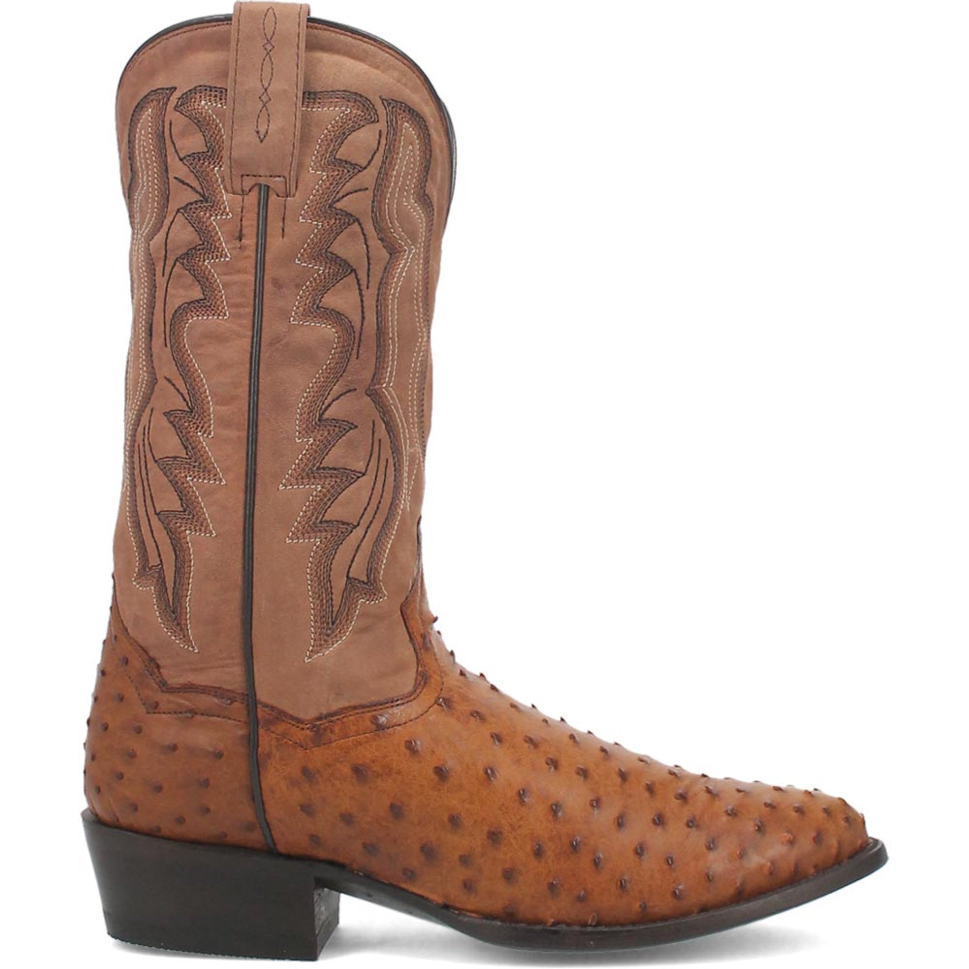 Dan Post Menâ€™s Saddle Brown and Chocolate Tempe Full Quill Ostrich 12â€ Round Toe Leather Boot - 7D