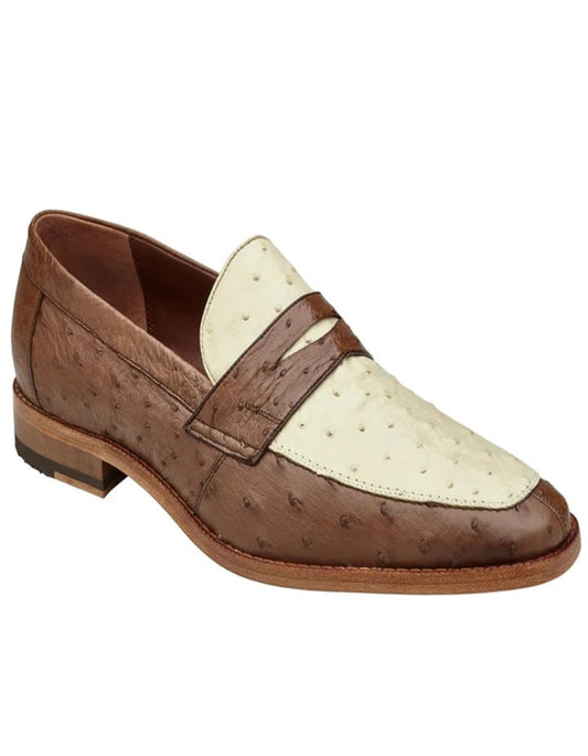 Men's Belvedere Espada Ostrich Quill Penny Loafer Brown and Ivory Dress Shoe