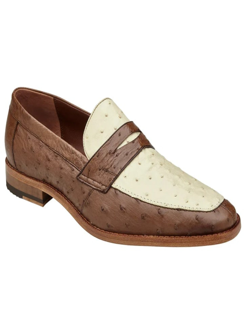 Men's Belvedere Espada Ostrich Quill Penny Loafer Brown and Ivory Dress Shoe - US 10.0 Standard/D/ Medium / Eu:43