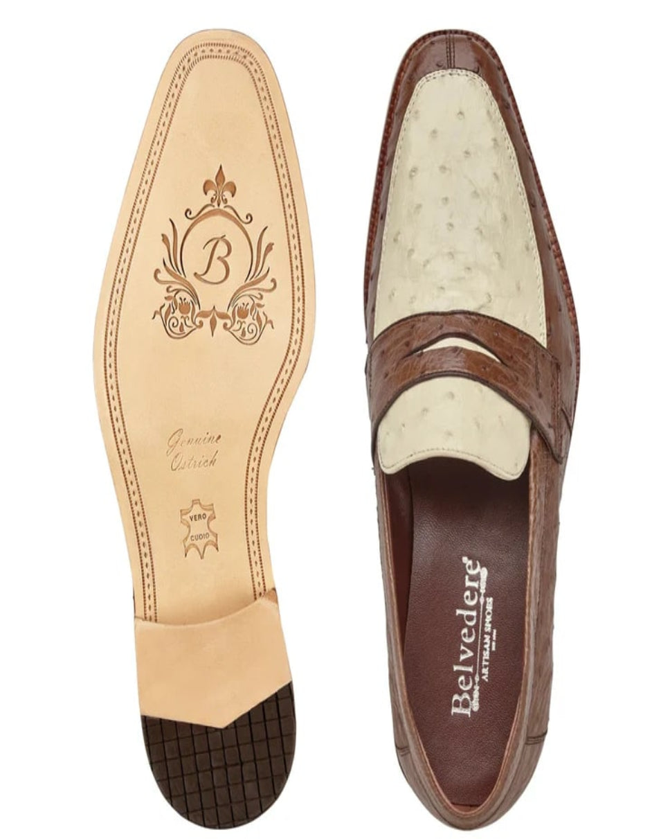 Men's Belvedere Espada Ostrich Quill Penny Loafer Brown and Ivory Dress Shoe - US 10.0 Standard/D/ Medium / Eu:43