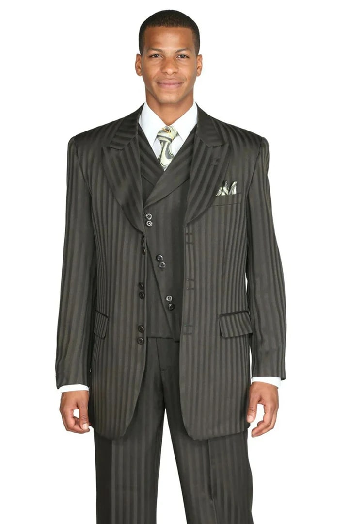 Cheap Priced Suit- Mens Fashion Slanted Vested Peak Lapel Tonal Pinstripe Brown Suit - 38 Short Jacket+32 Waist Adjustable 28to34)(Height: 5 4 to5 7 )(Neck  15-16.5)S-M)