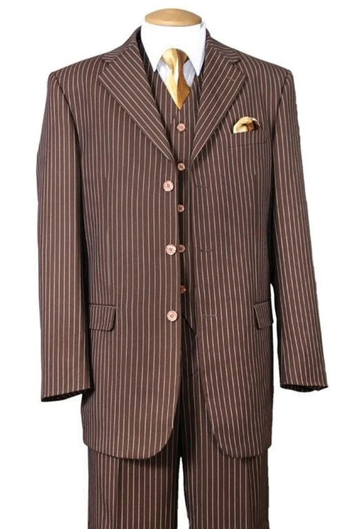 Cheap Priced Suit- Mens 3 Button Bold 1920's Gangster Pinstripe Vested Brown Suit