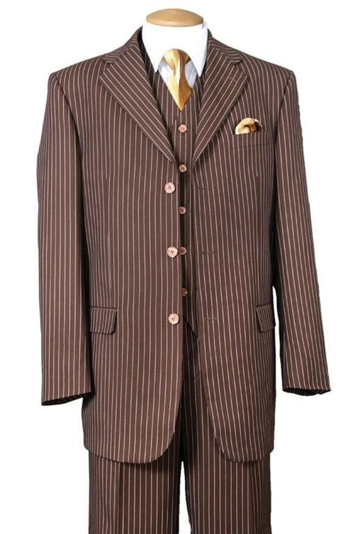 Cheap Priced Suit- Mens 3 Button Bold 1920's Gangster Pinstripe Vested Brown Suit