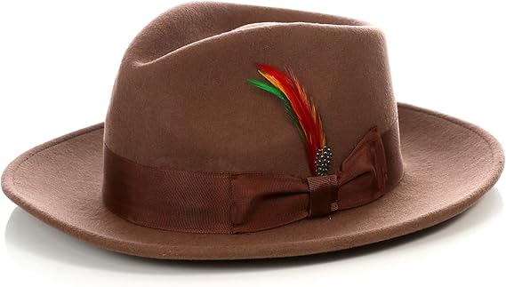 Gangster 100% Austrailian Wool Crushable Mens Fedora Hat - Removable Feather Gangster Brown Mens Fedora Hat - Small