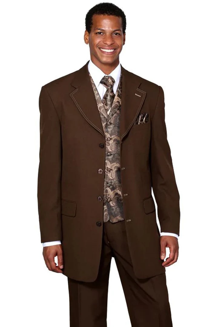 Cheap Suit - Mens 4 Button Long Vested Fashion Suit In Brown With Paisley Vest - 38 Short Jacket+32 Waist Adjustable 28to34)(Height: 5 4 to5 7 )(Neck  15-16.5)S-M)