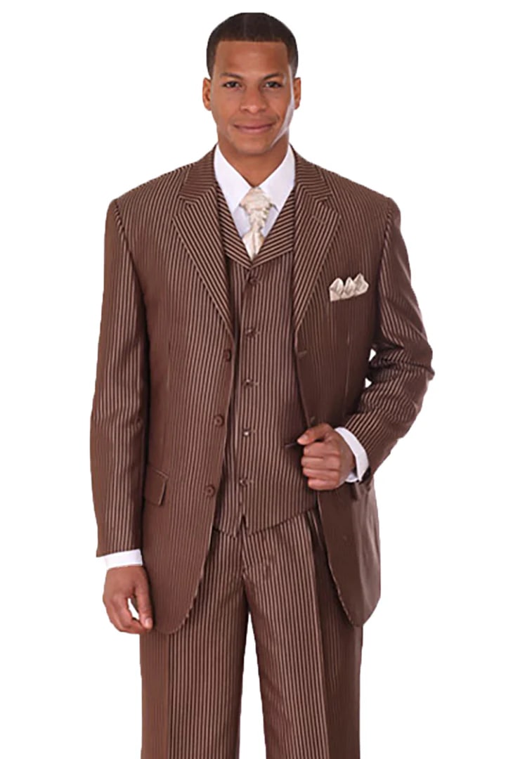 Cheap Suit - Mens 3 Button Vested Shiny Sharkskin Narrow Pinstripe Brown Suit