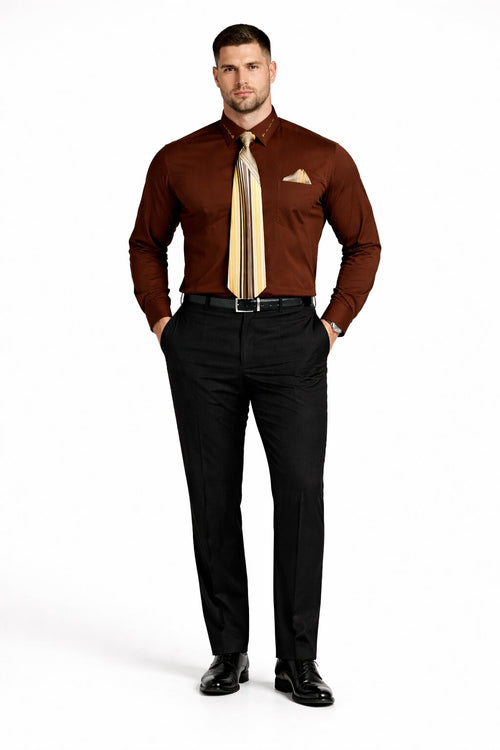 French Cuff + Tie + Handkerchief Men's Dress Shirt With Tie