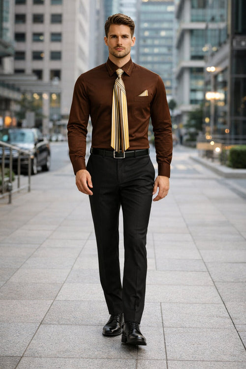 French Cuff + Tie + Handkerchief Men's Dress Shirt With Tie
