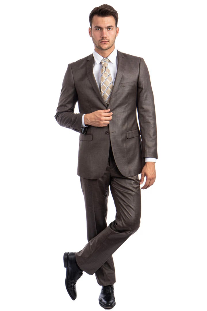 Cheap Priced Suit  - Men's Slim Fit Textured Shiny Sharkskin Brown Suit - 38 Short Jacket+32 Waist Adjustable 28to34)(Height: 5 4 to5 7 )(Neck  15-16.5)S-M)