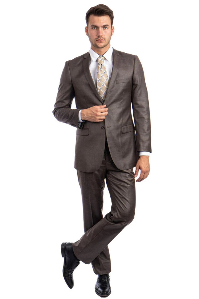 Cheap Priced Suit  - Men's Slim Fit Textured Shiny Sharkskin Brown Suit