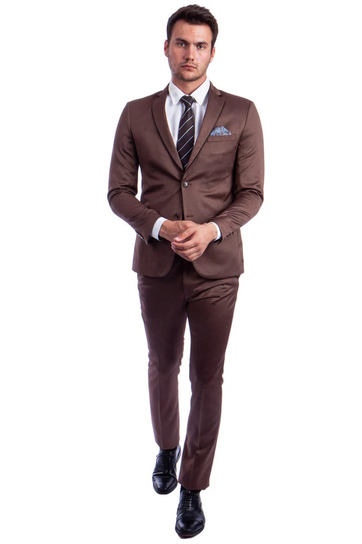 Cheap Suit - Men's Slim Fit Two Button Shiny Sharkskin Suit In Light Brown Cognac With Black Lapel Trim