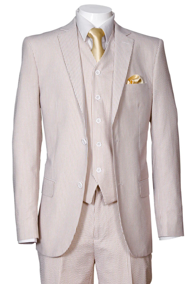 "Seersucker Summer Suit for Men - Tan, 2 Button Vested Style"