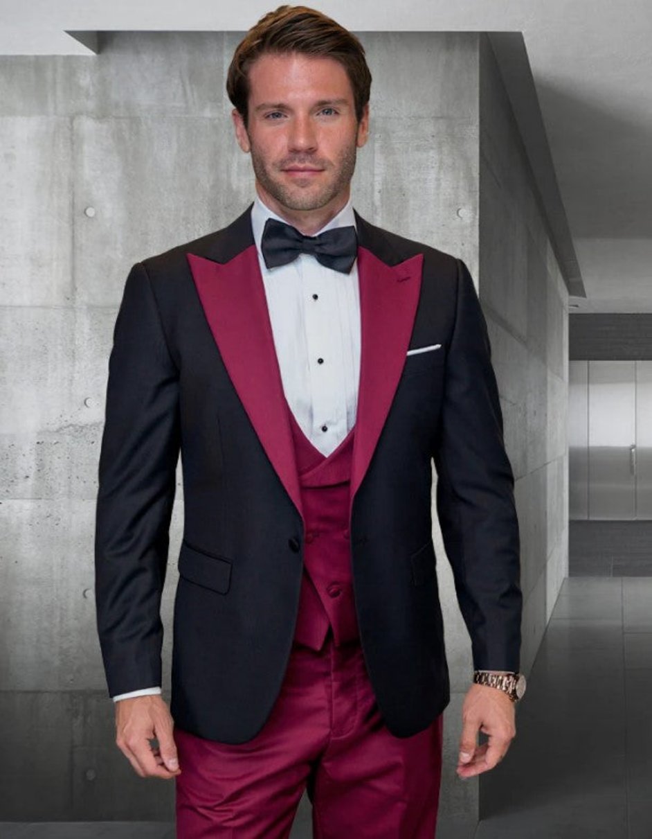 Mens Burgundy 3 PC Modern Fit Tuxedo - Coat Size 38