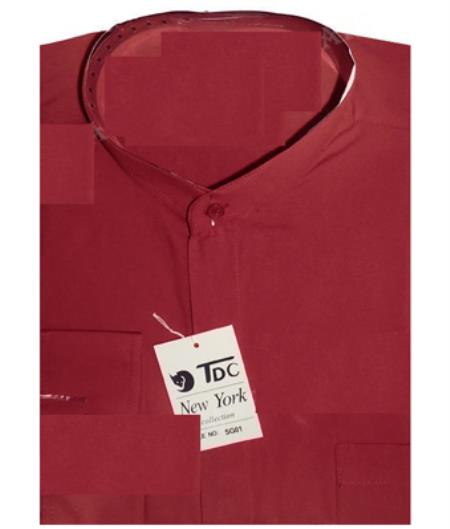 TDC Men's Banded Collar Collarless Shirt Burgundy ~ Wine ~ Maroon Color