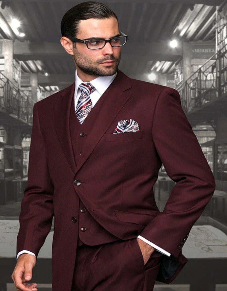 Big and Tall Suit - 3 PC Burgundy Extra Long Modern Fit Suit