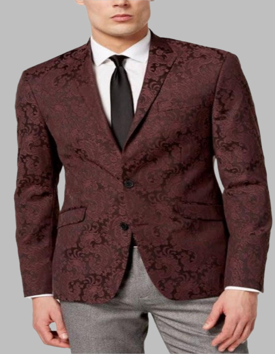 Mens Burgundy Paisley Tuxedo Blazer â€“ Slim Fit Formal Dinner Jacket - Velvet Fabric - Slim Fitted - 36 Short