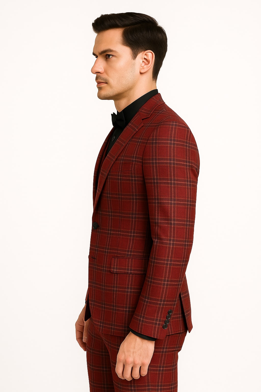 Mens Burgundy Plaid Three-Piece Suit – Ultra Slim Fit Checkered Windowpane Redish 544-10 - 34 Short or Extra Small