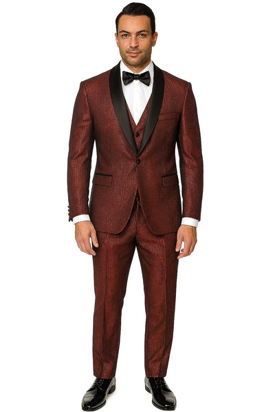 Mens Burgundy Shiny Stripe Tuxedo Jacket Slim Fit Satin Lapel Dinner Blazer for Formal Events