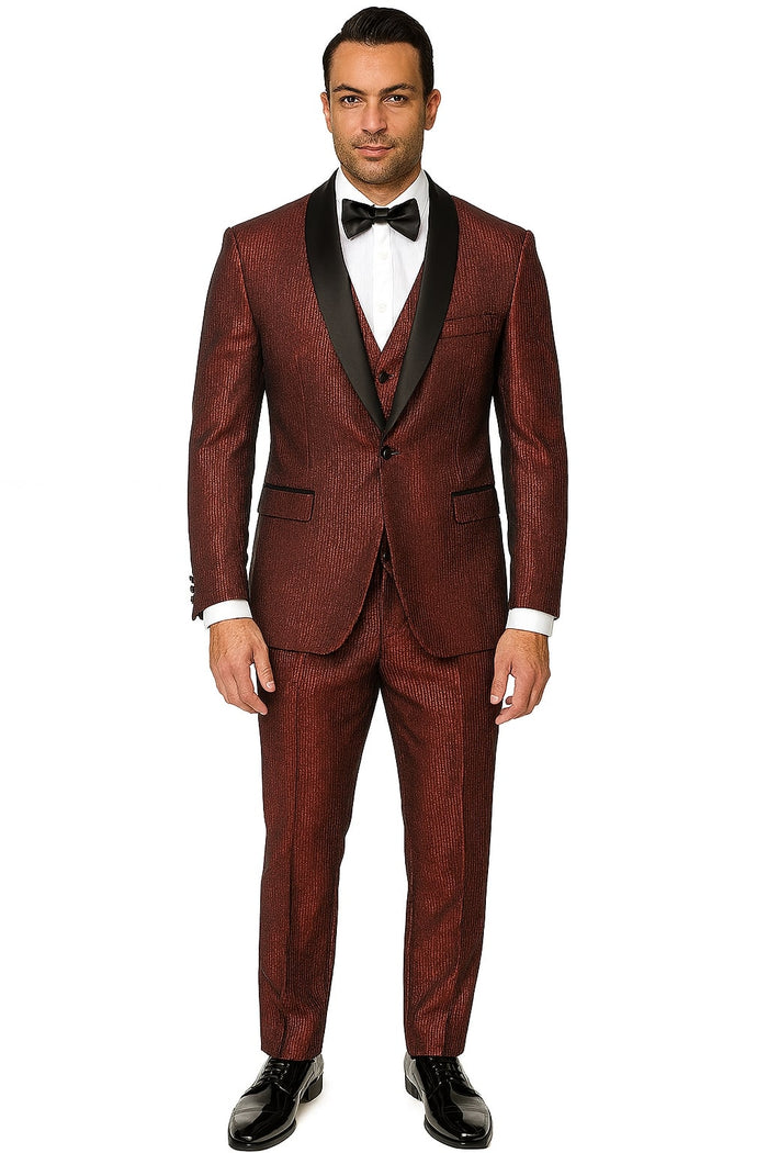 Mens Burgundy Shiny Stripe Tuxedo Jacket Slim Fit Satin Lapel Dinner Blazer for Formal Events