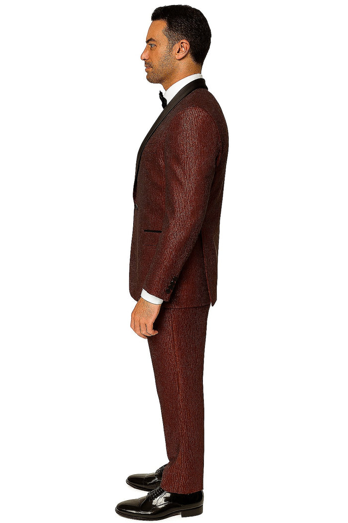 Mens Burgundy Shiny Stripe Tuxedo Jacket Slim Fit Satin Lapel Dinner Blazer for Formal Events