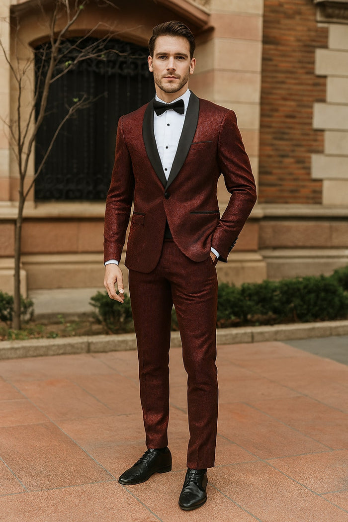 Mens Burgundy Shiny Stripe Tuxedo Jacket Slim Fit Satin Lapel Dinner Blazer for Formal Events