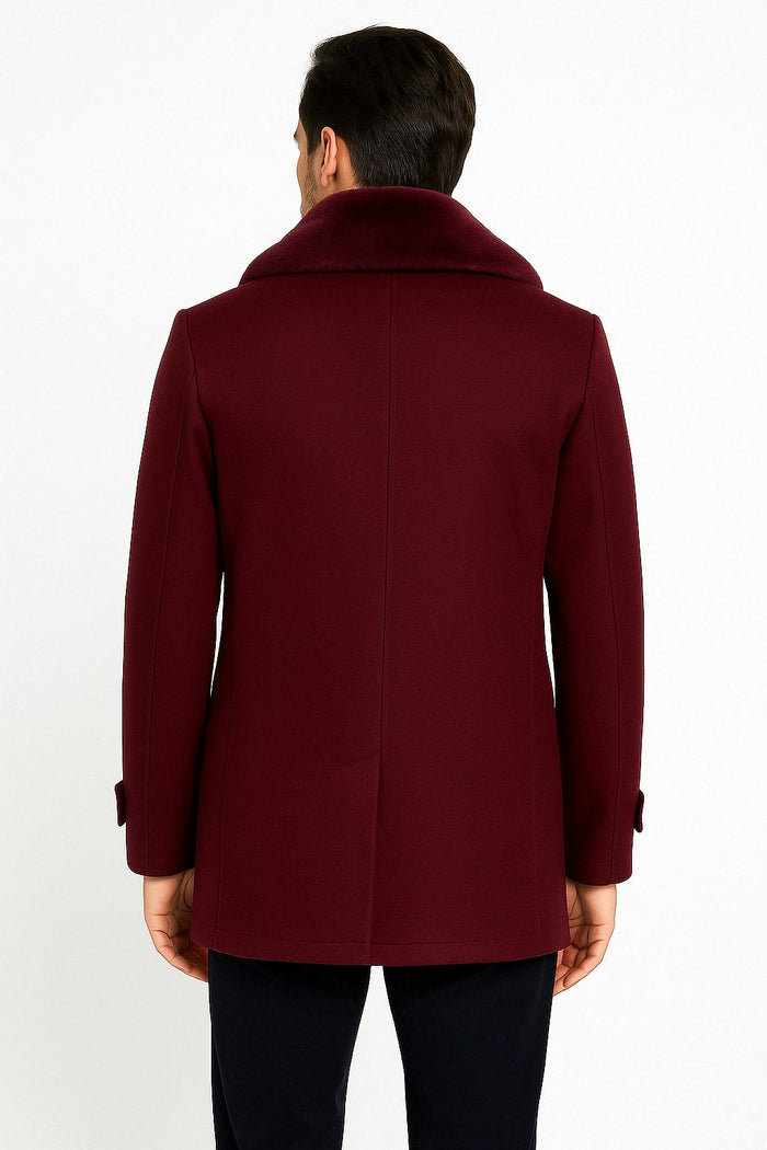 Mens Burgundy Double-Breasted Overcoat with Faux Fur Shawl Collar â€“ Slim Fit Peacoat - Alberto Nardoni Signature
