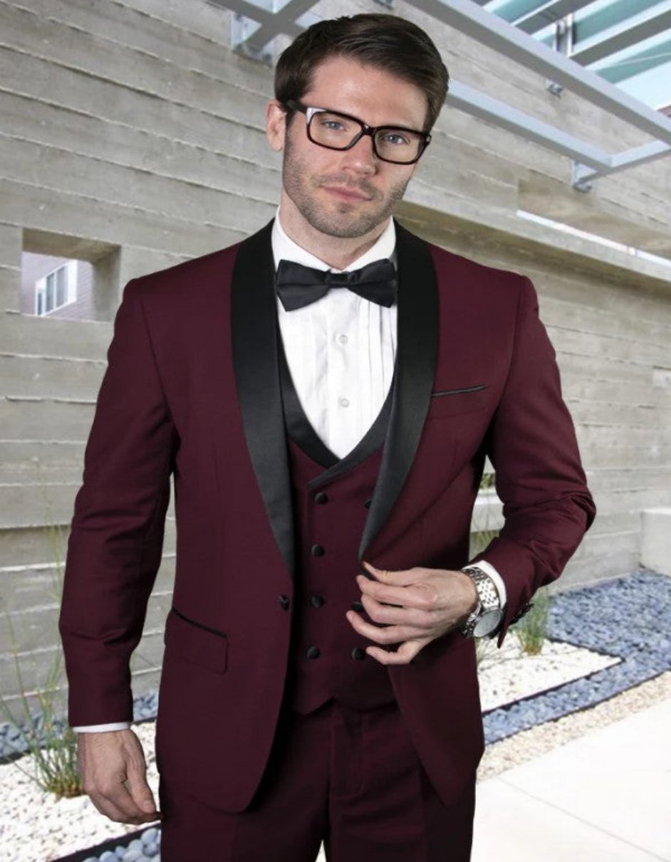 Mens Burgundy Tailored Fit 3 PC Tuxedo - Coat Size 38